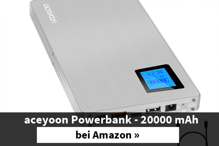 Die aceyoon Powerbank mit 20000mAh ist im Handgepäck erlaubt.